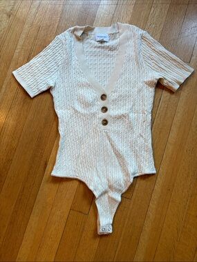 Who What Wear Cream Cable Knit Button-Front Bodysuit